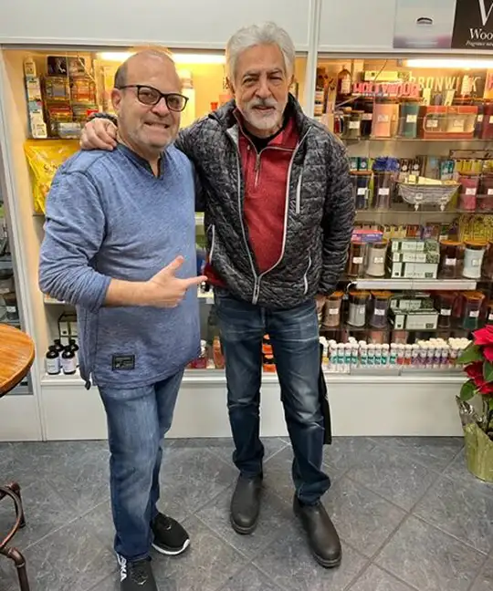 <i>Star of TV\'s &quote;Criminal Minds,&quote; actor Joe Mantegna (left) is an enthusiastic customer of &quote;Dr. Voice&quote; (right)<br />Photo by Jonathan KRAMER</i>